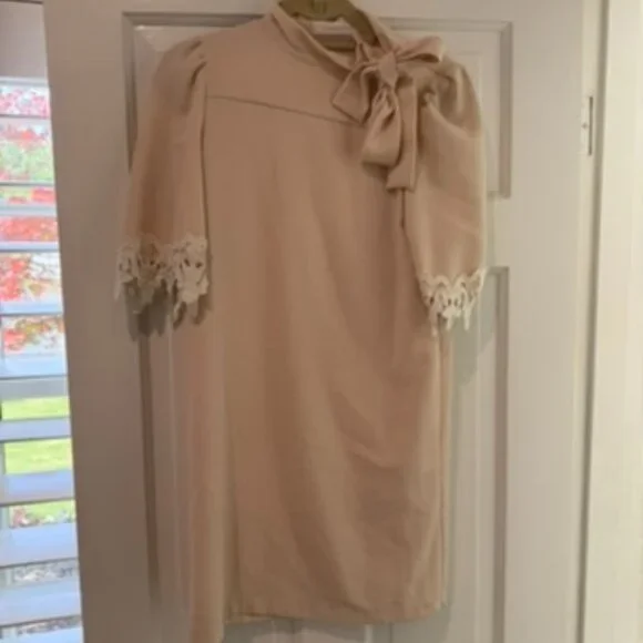see by chloe cream dress See By Chlo Cream Ruffle Hem Black Piping Detail Long Sleeve Dress Size 38 NWT
